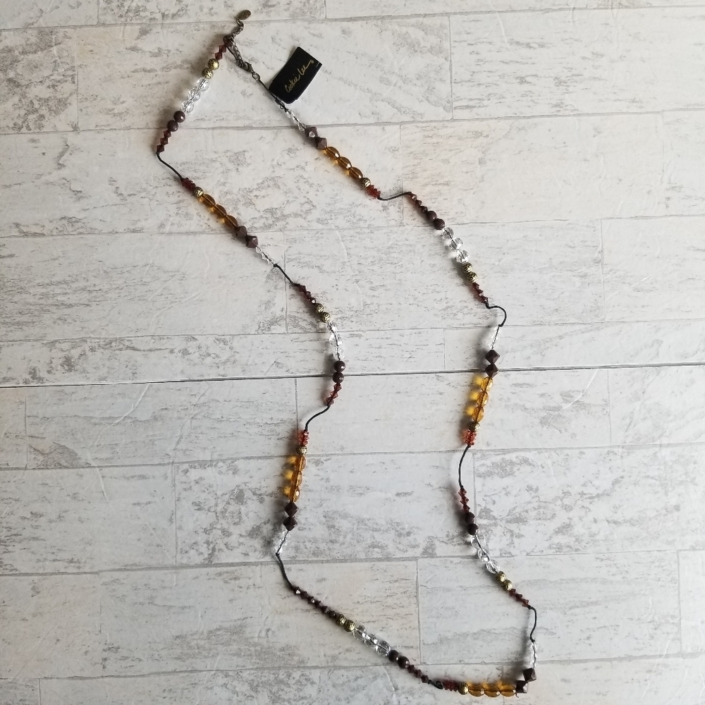 Cookie Lee 22" long glass beaded necklace brown orange gold NWT
